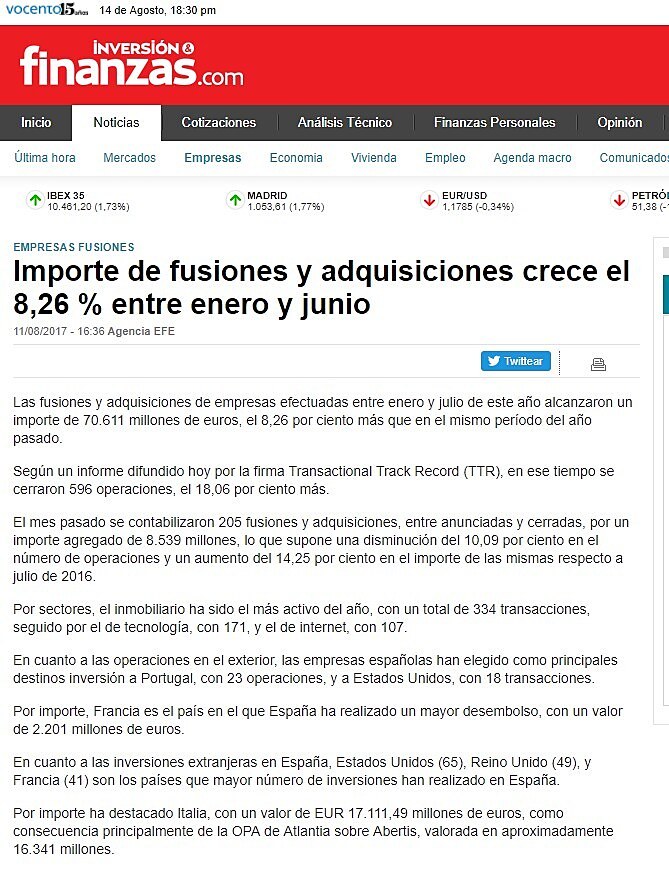 Importe de fusiones y adquisiciones crece el 8,26 % entre enero y junio